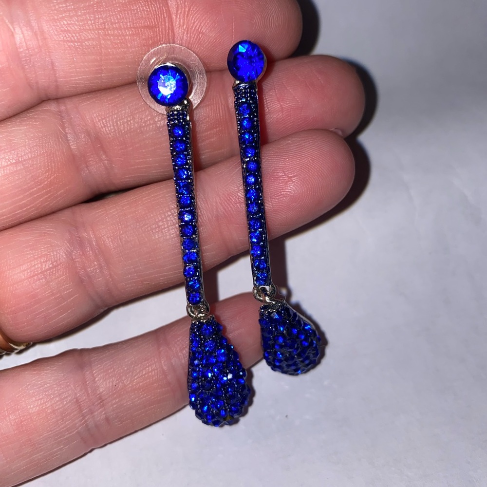Royal blue rhinestone 2 1/2” dangle earrings